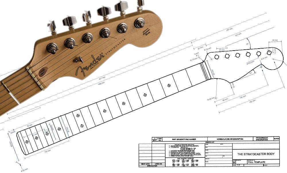 Размеры электрогитары. Fender Stratocaster длина гитары. Fender Stratocaster гриф чертеж. Верхний порожек Fender Stratocaster. Чертеж гитары Фендер стратокастер.